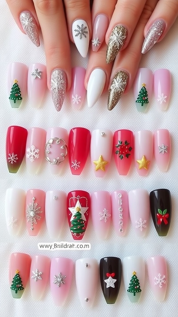 Elegant Christmas Wedding Nail Designs A collection of Christmas wedding nail designs featuring festive colors and patterns, including glitter, snowflakes, and Christmas trees.